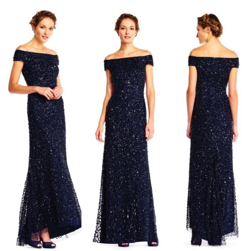 New Adrianna Papell Off The Shoulder Sequin Beaded Gown Navy Formal Dress Sz 16